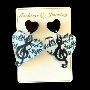 Music Note Heart Earrings Acrylic Black White Sheet Music Dangle